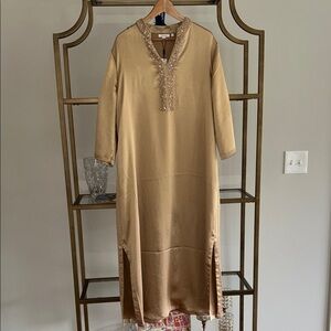 Chico's Champagne Long Sleeve Maxi Dress with Embellished Neckline